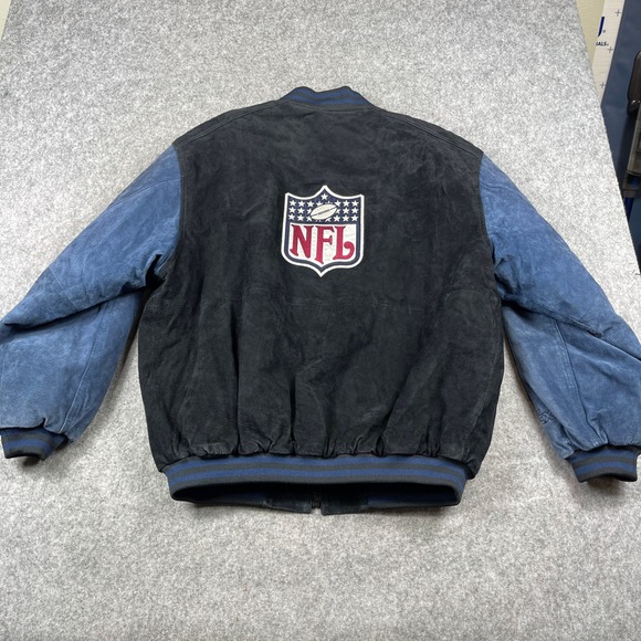 GIII & Carl Banks NFL FedEx Suede Leather Bomber‎ Jacket Mens Large Blue Black - Picture 2 of 13